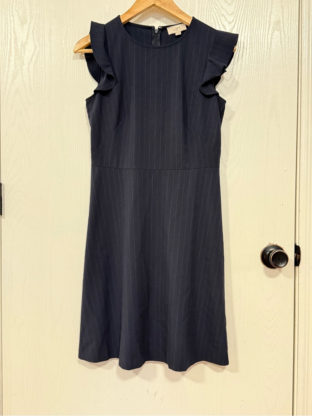 LOFT Navy Pinstripe Ruffle-Sleeve Midi Dress size 0